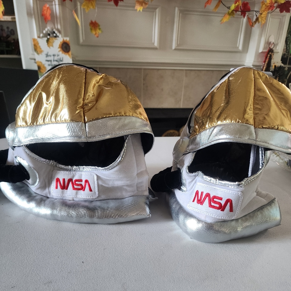 Two NASA Astronaut Helmets Silver Gold Apollo 11 Adult Costume  Soft One Size